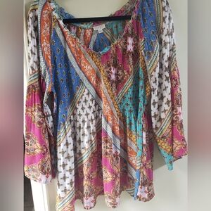 Boho print , bell sleeves, smocked bodice top, size extra large